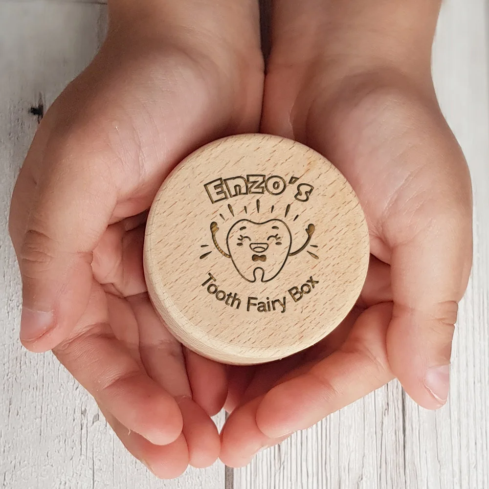 Caja de hadas de dientes personalizada para niños, soporte de hadas de dientes grabado de madera, cajas de recuerdo de dientes de leche, nuevo