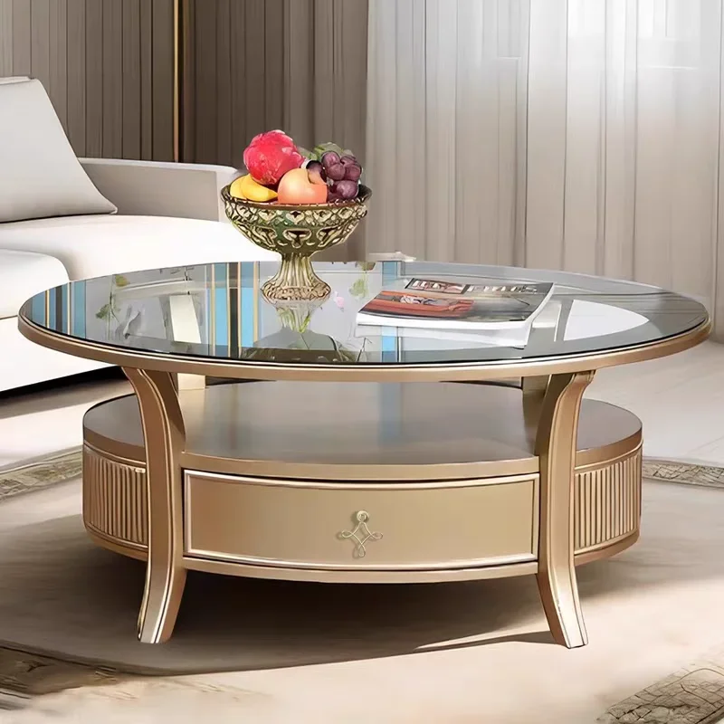

09 American light coffee table solid wood simple modern oval small apartment glass coffee table