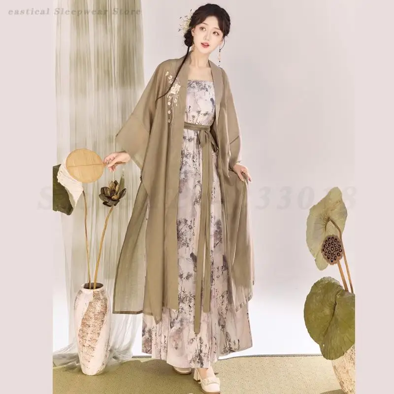 Chinese Style Hanfu Dress Women Cosplay Costume Vintage Ancient Traditional Clothing Big Sleeved Cardigan Suspender Dress Outfit