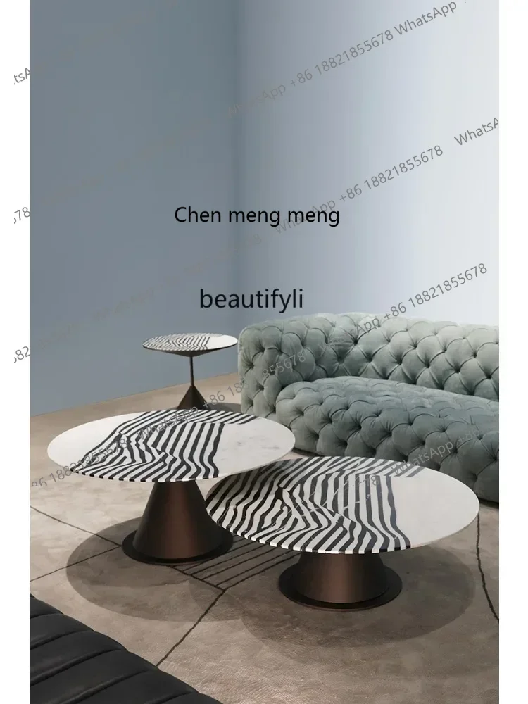 

ss7486 Italian Minimalist Black and White Tea Table Light Luxury Natural Marble Tea Table Zebra Pattern round Tea Table Combinat