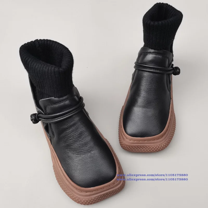 

Black Cowhide Knitted Sock Boots for Women Soft Leather Soft Sole Round Toe Slip On Ankle Boots Women's Shoes Botas Mujer
