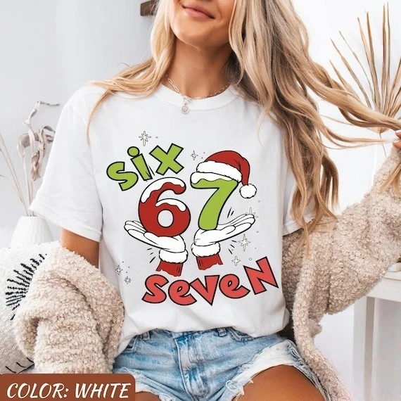 

New '90s Retro 67meme Christmas Print T-shirt Women's New Pure Cotton Cute Fun Loose and Versatile Short-sleeved Top Streetwear