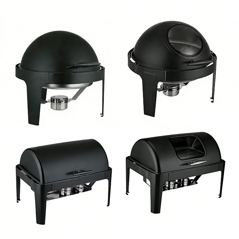 Luxury 6L 9L Stainless Steel Chafing Dish Black Round Roll Top Buffet Food Warmer Stove Chafer For Hotel Buffet Party