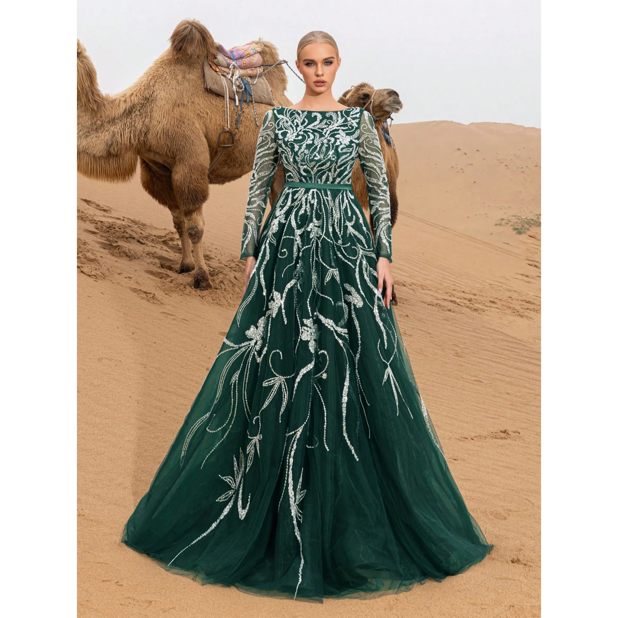 

Gorgeous Boat Neck Floral Sequin Beaded Formal Prom Dresses & Evening Gowns