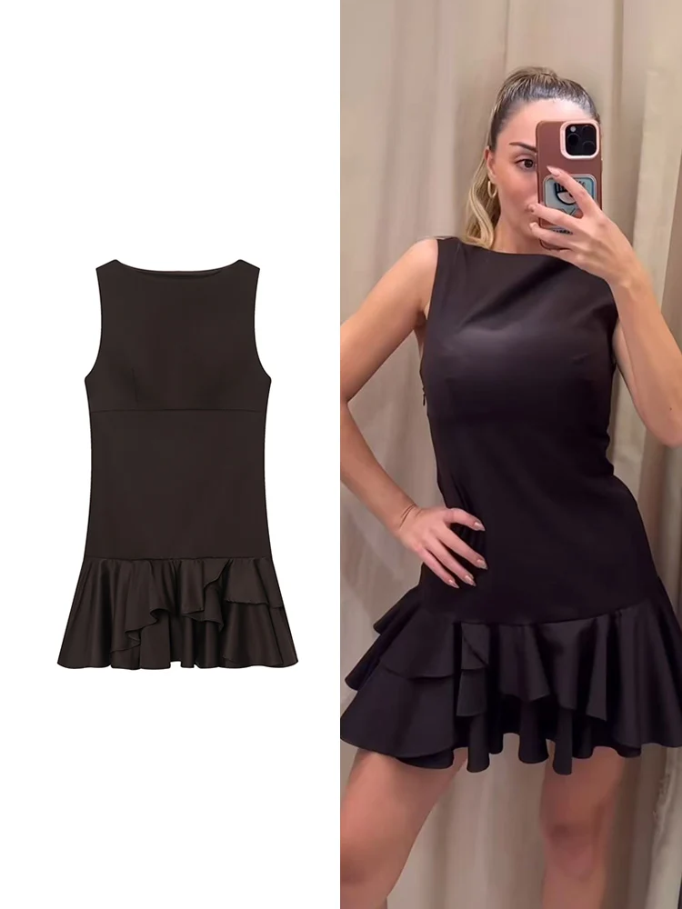 Tfmln feminino vestido sólido moda clássico estilo simples tendência em camadas bainha inchada sem mangas ajuste festa clube senhoras mini vestidos novo