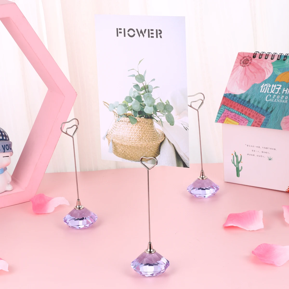 

3Pcs Heart Shaped Memo Holder Premium Crystal Note Clip Stand for Cards Photos Table Number Display Wedding Party Decor Purple