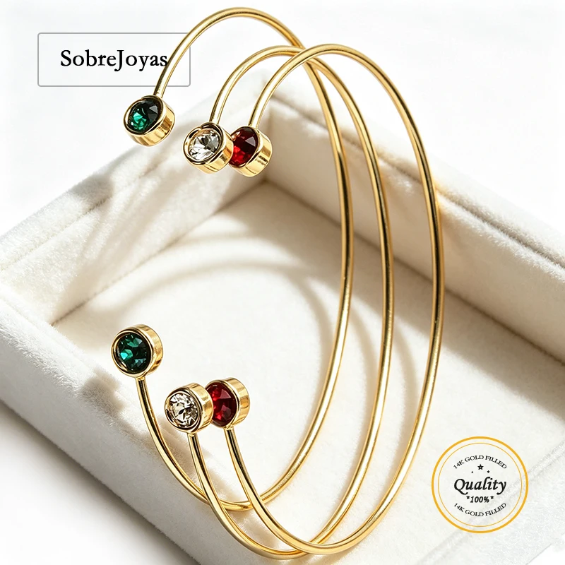 

Boho Charms Adjustable Bangle Bracelet for Women 14K Gold Filled round Zircon Cuff Bangle Jewelry