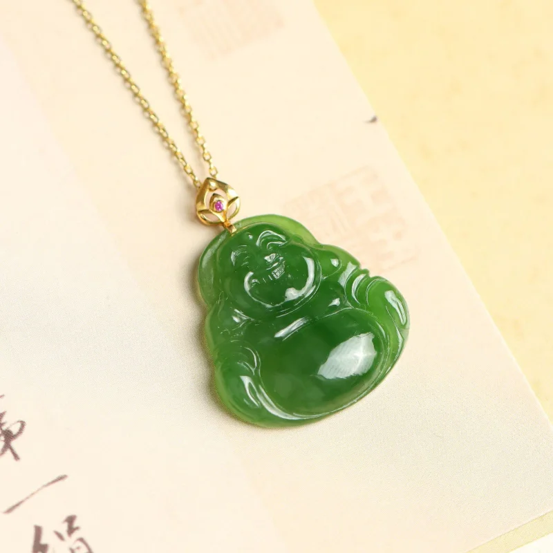 18K الذهب مطعمة اليشم الهيتي و جاسبر بوذا قلادة قلادة المرأة #4