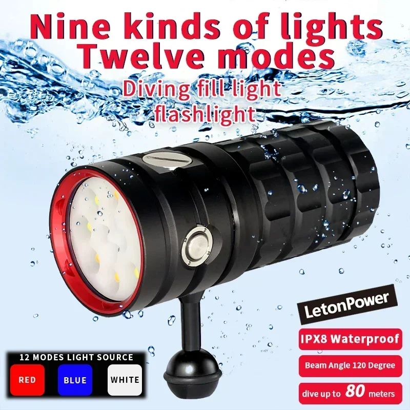 LetonPower Diving Flashlight 25000Lumens underwater flashlight 100m scuba dive light Type-C Charging underwater video light