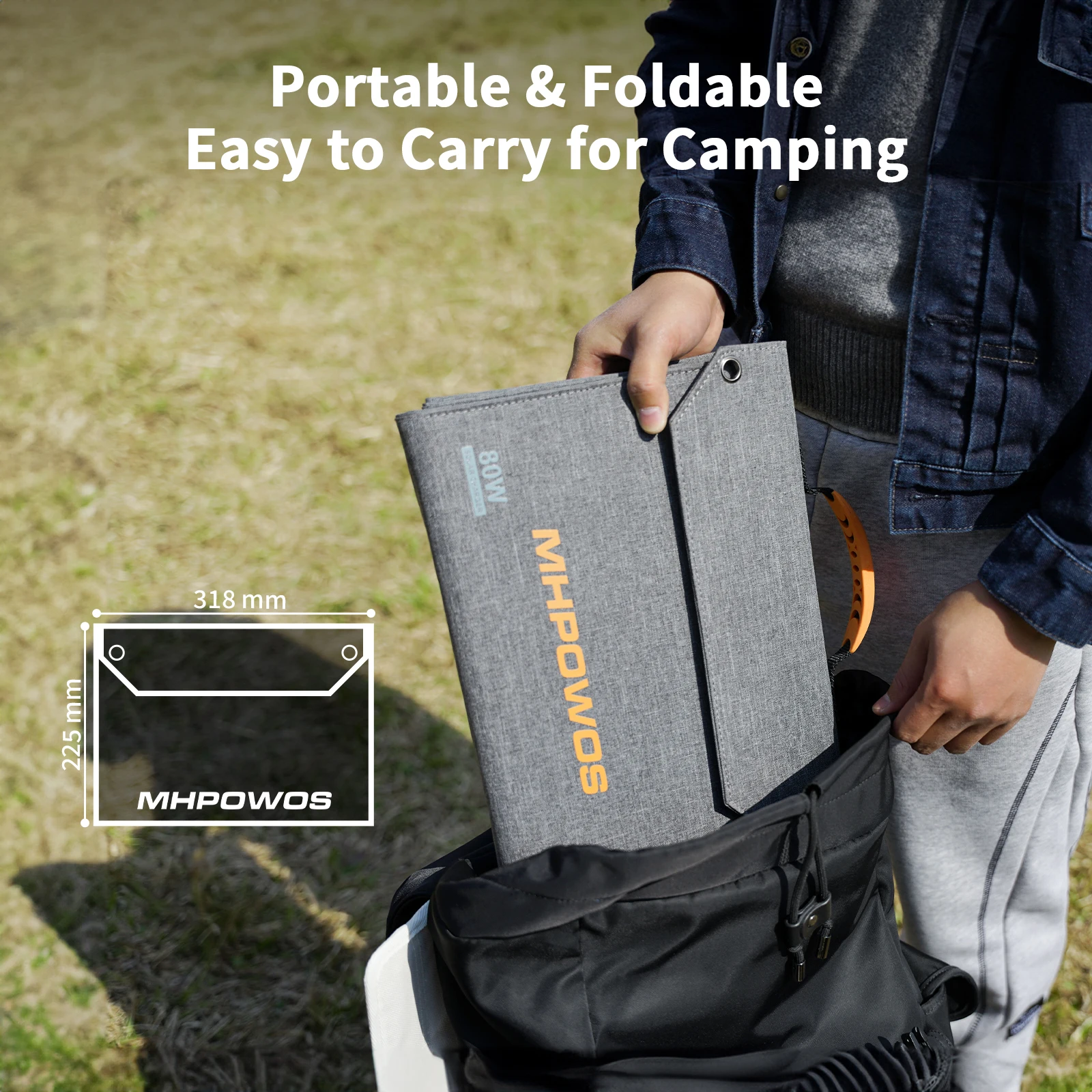 MHPOWOS 80W لوحة شمسية قابلة للطي مزود طاقة محمول مع 4 منافذ (DC/USB-C/2xUSB-A) وموصل 7 في 1 للنسخ الاحتياطي في حالات الطوارئ