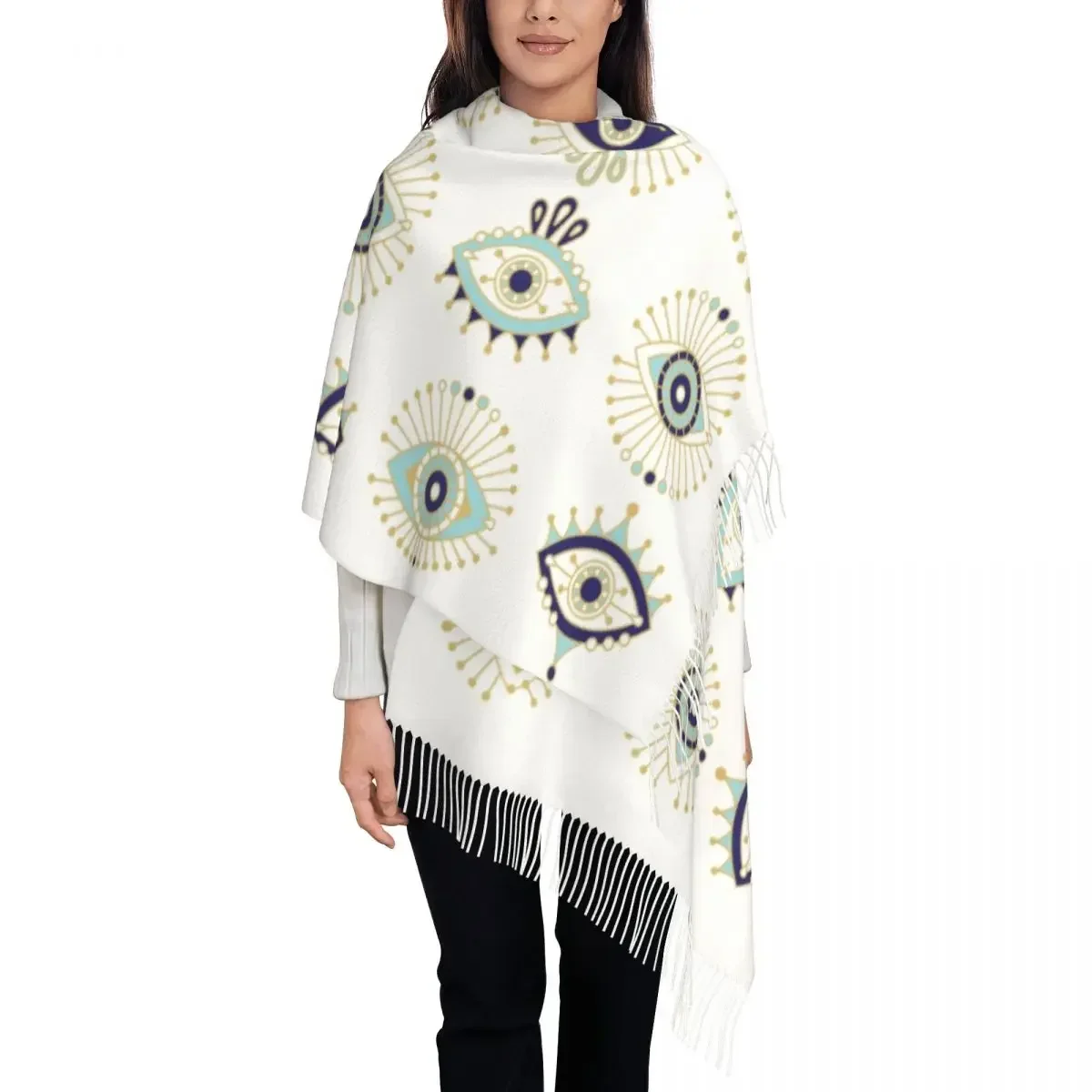 Stylish Turkish Evil Eye n On White Tassel Scarf Winter Warm Shawl Wrap Ladies Nazar Amulet Hamsa Boho Bohemian Scarves