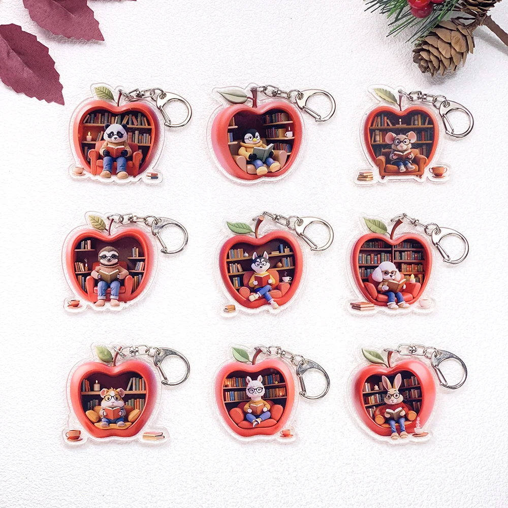 9Pcs Apple Bookstore Hamster Rabbit Car Keychain Accessories Acrylic Cute Charms Pendant For Bag Key Holder Backpack Decoration
