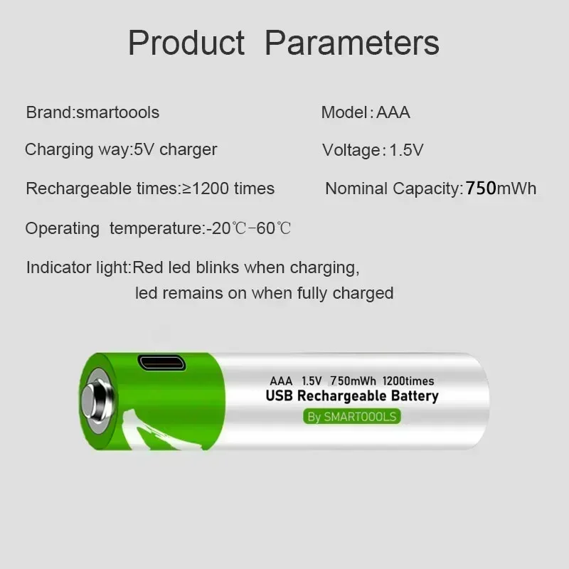 1.5V AAA 750mWh Rechargeable Lithium Battery for Remote Control, Flashlight, Alarm Clock,Toys+Type-C Cable Fast Charging
