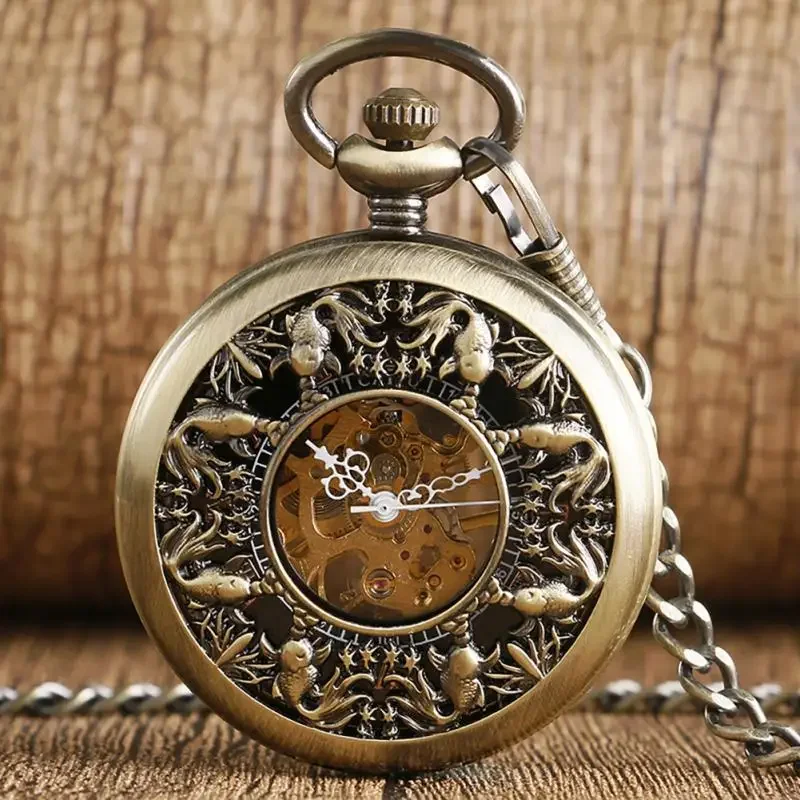 

Bronze Hollow Fish Steampunk Hand-winding Mechanical Pocket Watch Pendant Chain Retro Clock for Women Men Gift Reloj De Bolsillo