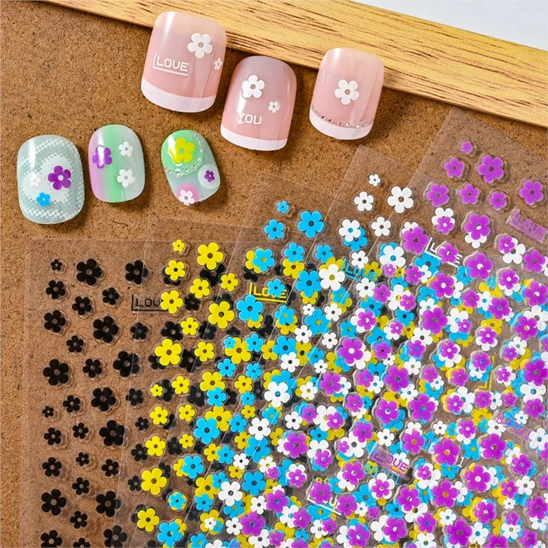 5Pcs Colorful Daisy Flowers Nail Art Stickers 3D Cute 5-Petals Florals Slider Decals Kawaii Summer Small Flower Manicure Sticker