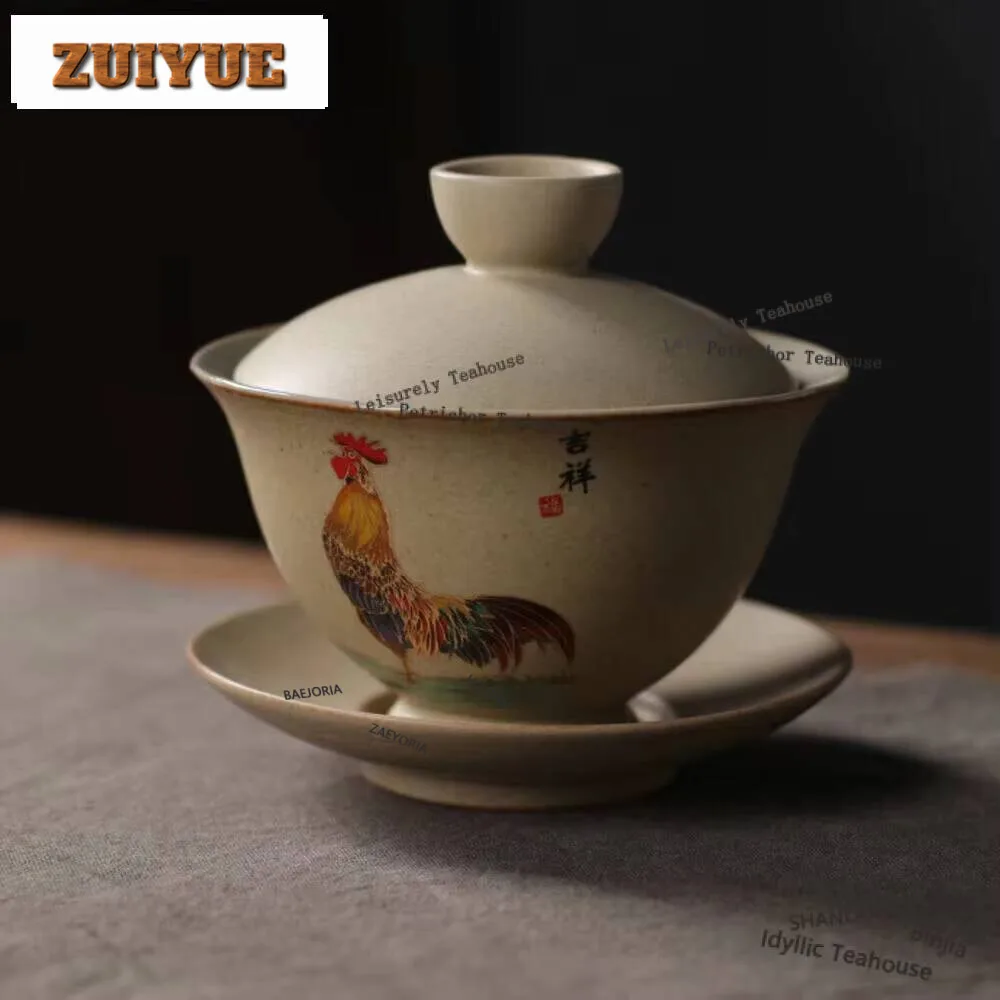 150ml Vintage Jingdezhen Tea Cup Chinese Teaset Rooster Office Gaiwan Archaistic Ceramic Bowl Coffee And Saucer Set Collection