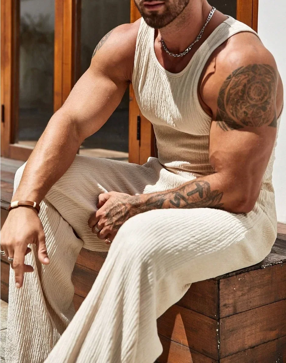 Summer New Men's Sleeveless Vest and Pants Set, Fashionable Fitness, Sports, Leisure Vacation, American Commuting 2-Piece set