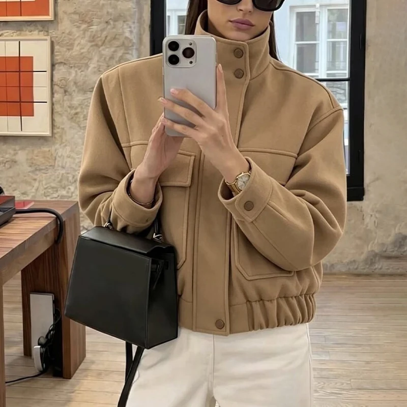 Chaqueta de Piloto Minimalista para Mujer, Cuello Alto, Color Sólido, Manga Larga, Bolsillos con Cremallera, Estilo Holgado, para Primavera y Otoño, Chic y Urbana