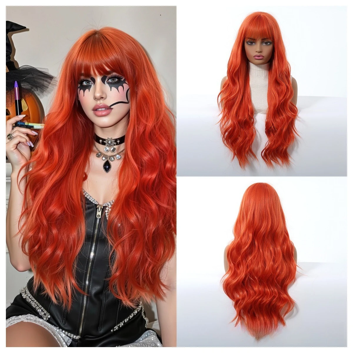 Perruque de mode pour femmes, ensemble de tête complète, noël, Halloween, frange croisée, grandes vagues, perruque de Cosplay, décoration quotidienne épicée pour filles