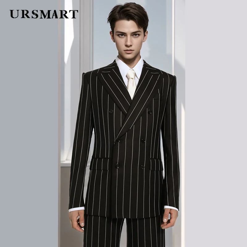 

High quality wool striped business suit British style gentlemanly style double breasted men's casual suit fashionable suit