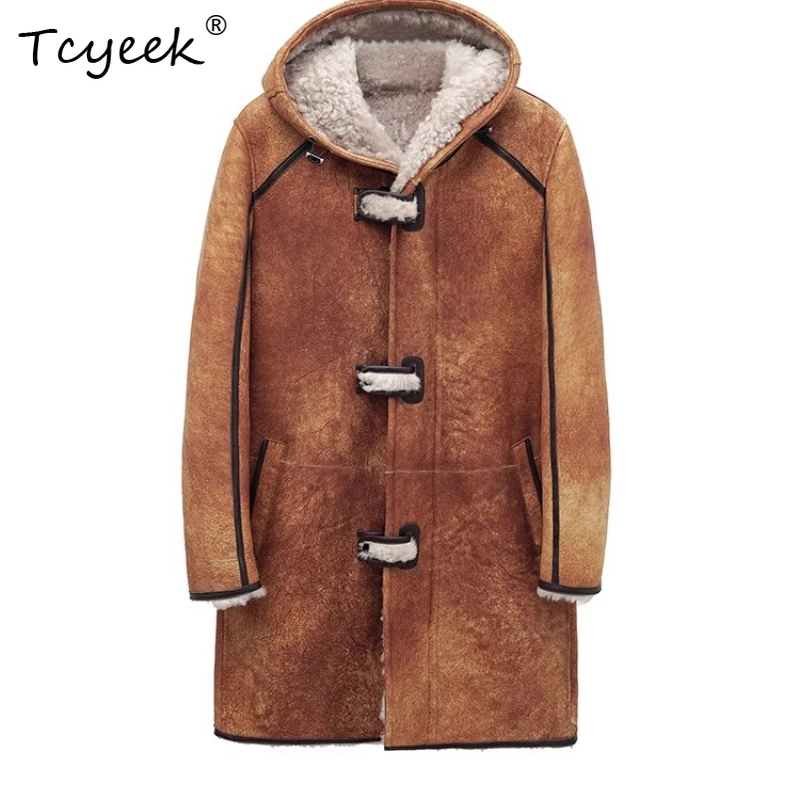 Tcyeek Prawdziwa Wełna Jesień Zima Elegancki Modny Płaszcz z Kapturem Brązowy Średniej Długości Damski Wełniany Płaszcz z Kożucha Futro Fourrures Femme