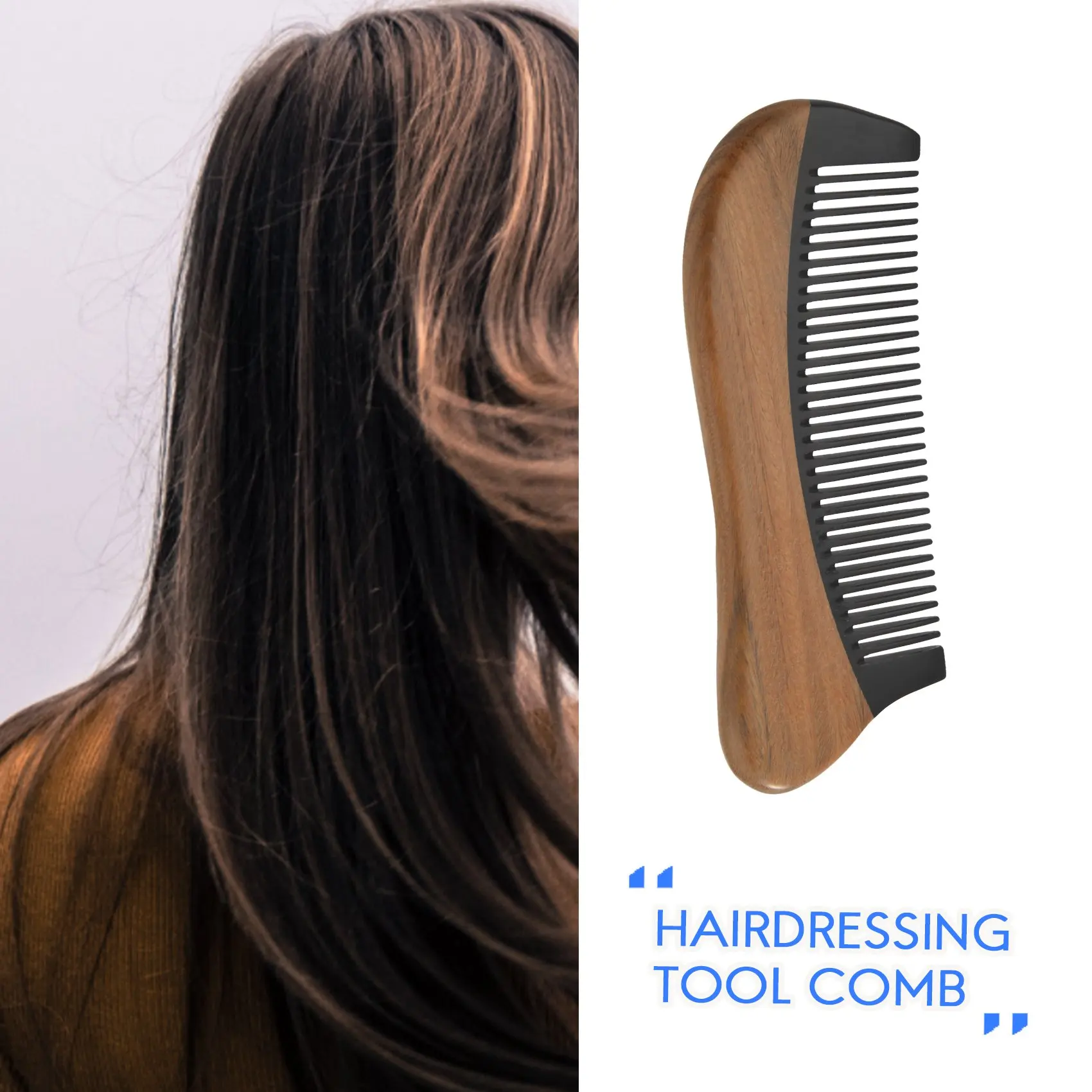 Natural Green Sandalwood Hair Comb - No Static Wooden Fine Tooth Black Horn Comb (Green sandalwood)