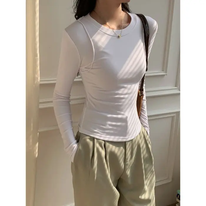 Neue O Hals Baumwolle Langarm T-shirt für Frauen Sexy Gestellte Tops Herbst Beiläufige Dünne Dünne Grundlegende Frau T Shirts Weiße Kleidung – Detail 3