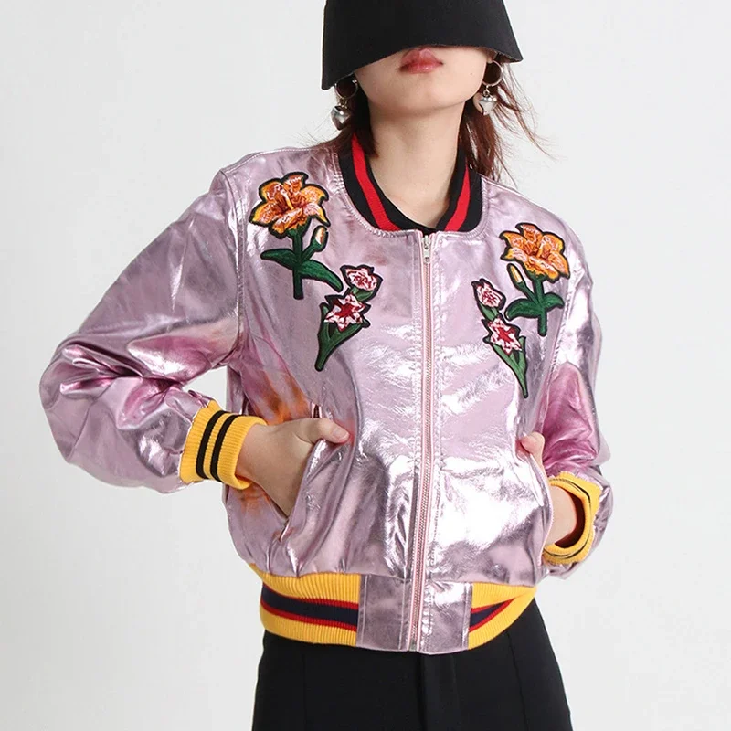 

Streetwear Contrast Floral Embroidery Leather Jacket for Women 2024 New Spring Autumn Long Sleeved Cropped Bomber Jackets