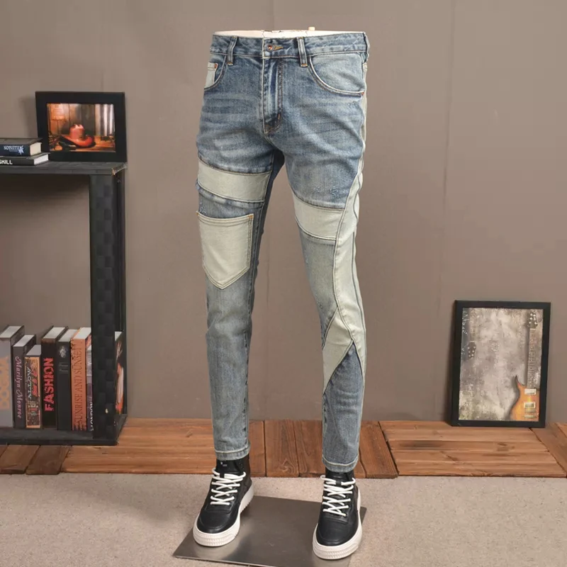 Streetwear Fashion Men Jeans Retro Blue Stretch Slim Fit Spliced Designer Ripped Jeans Men Patched Pocket Hip Hop Pants Hombre