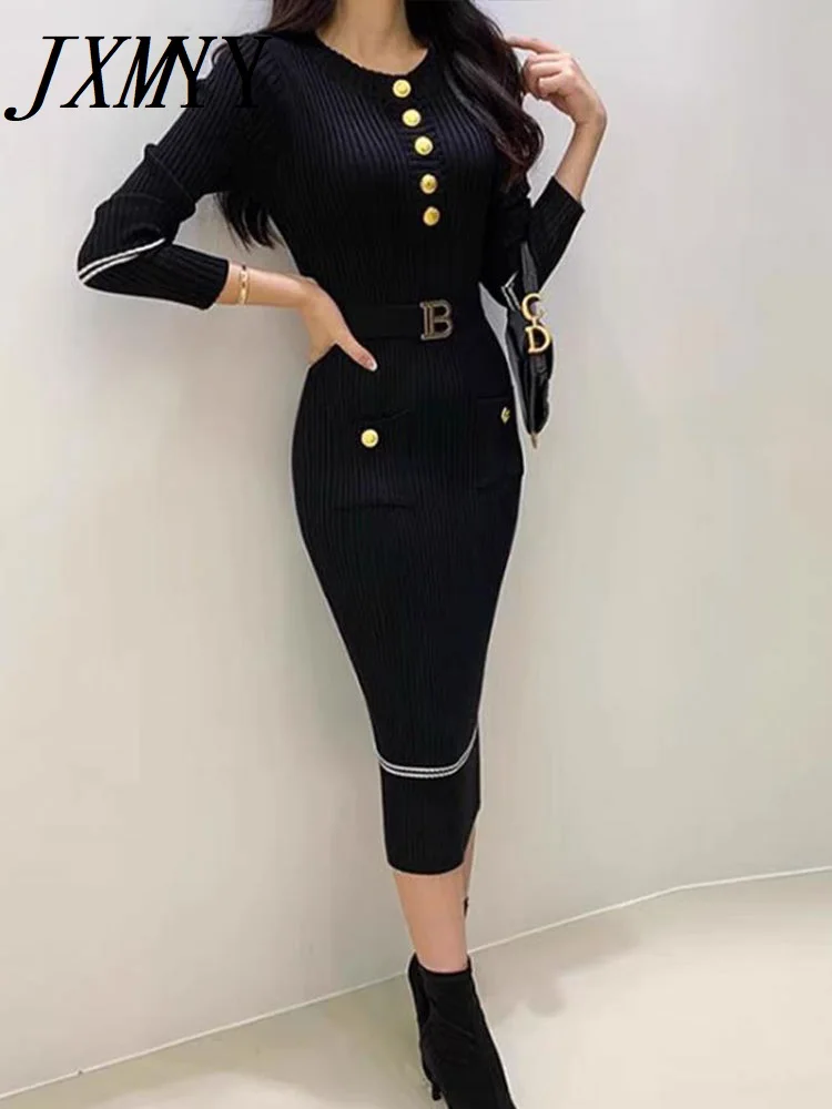 Women's Hip-Wrapped Mid-Length Skirt, Knitted Waist Dress, Slim-Fitting, Long-Sleeved, Fashionable, Elegant, Autumn, Winter