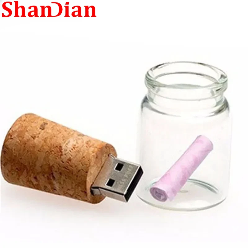 SHANDIAN USB 2.0 new arrival  bottle memory stick glass drift bottle usb flash drives wooden cork pendrive 4GB 16GB 32GB 64GB