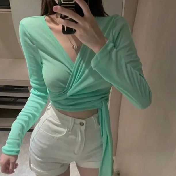 Women Long Sleeve T Shirt Criss Lace Up Slim Fit Solid Color Basic Tee Spring Fashion Elegant Casual Top