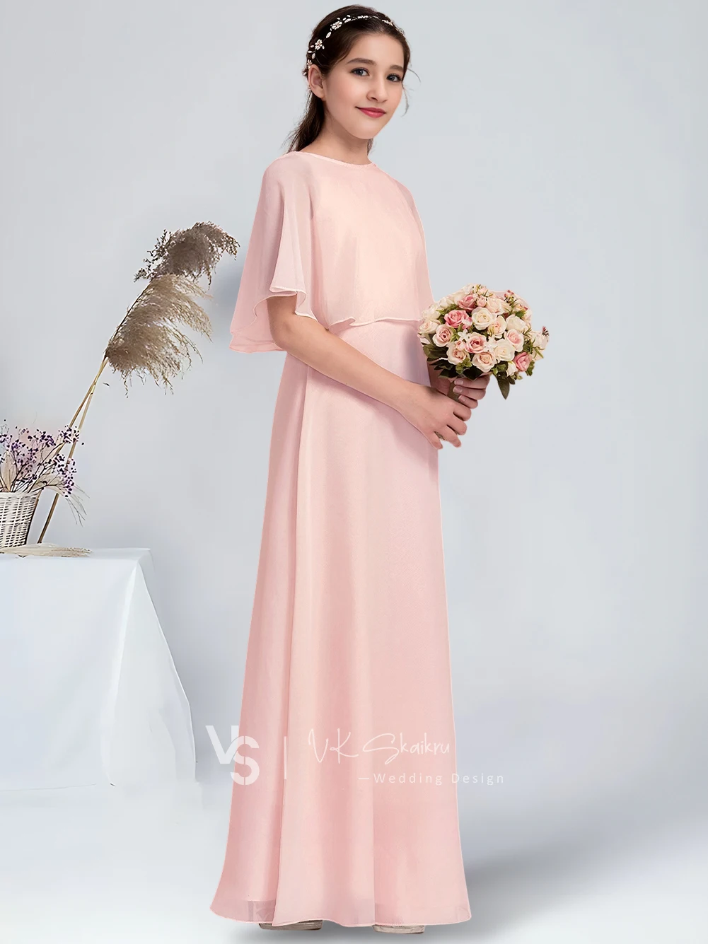 A-line Scoop Floor-Length Chiffon Junior Bridesmaid Dress Elegant Blushing Pink Flower Girl Dress for Wedding Special Occasions