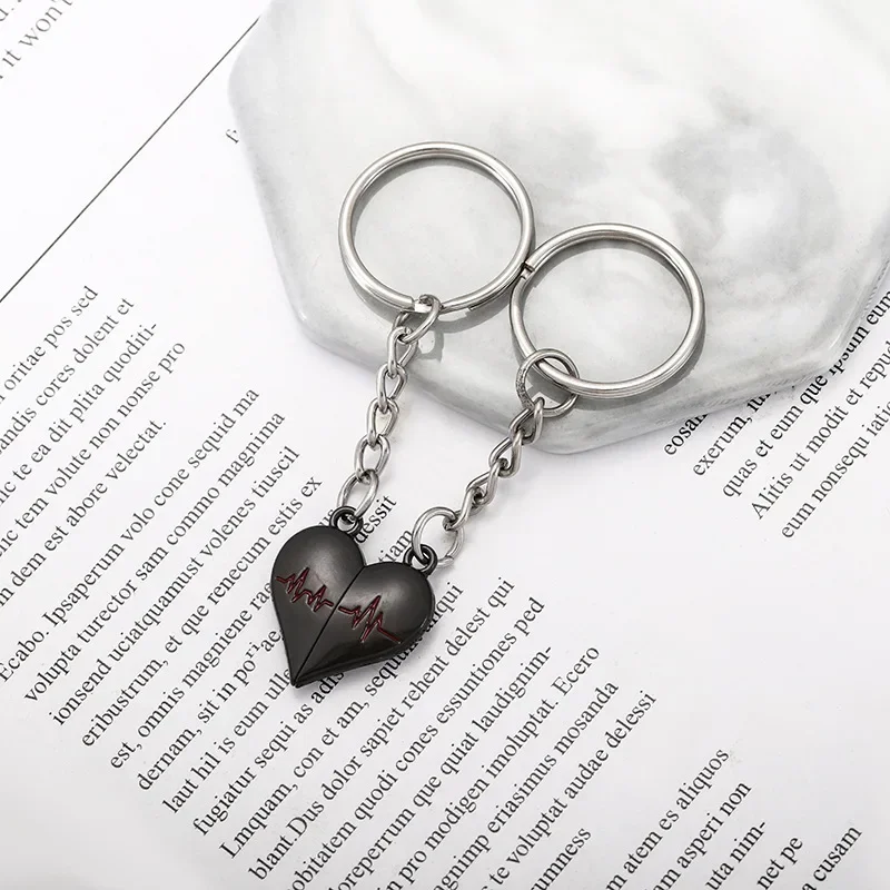 Love Heart Electrocardiogram Couple Magnetic Suction Keychains Heartbeat Magnet Keyrings Backpack Bag Pendant Car Key Chain Gift