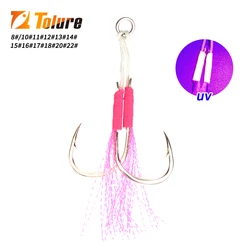 Hameçons de pêche en acier à haute teneur en carbone, crochets de jigging barbelés avec plume filetée, hameçons d'assistance UV, jigs moulés, TL, 8 #-22 #, 10 pièces par sac