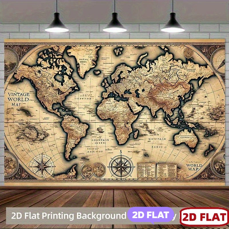 Two-dimensional flat banner, 1 piece, retro world map background fabric - wall hanging with compass and mountain illustrations