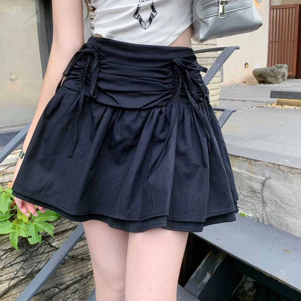 عارضة الساخن فتاة الزي الربيع أزياء عارضة تنورة القوس الأسود مطوي تنورة الزي اليومي نمط الصلبة مرونة قليلا #4