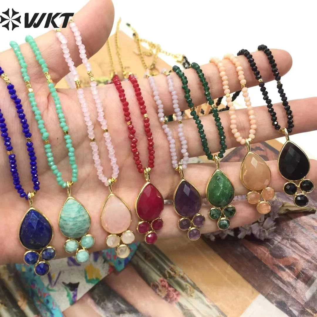 

WT-N1446 Trendy Chain Necklace For Women Accessories Colorful Gemstone Leaf Design And Colored Beads Can Be Adjustable