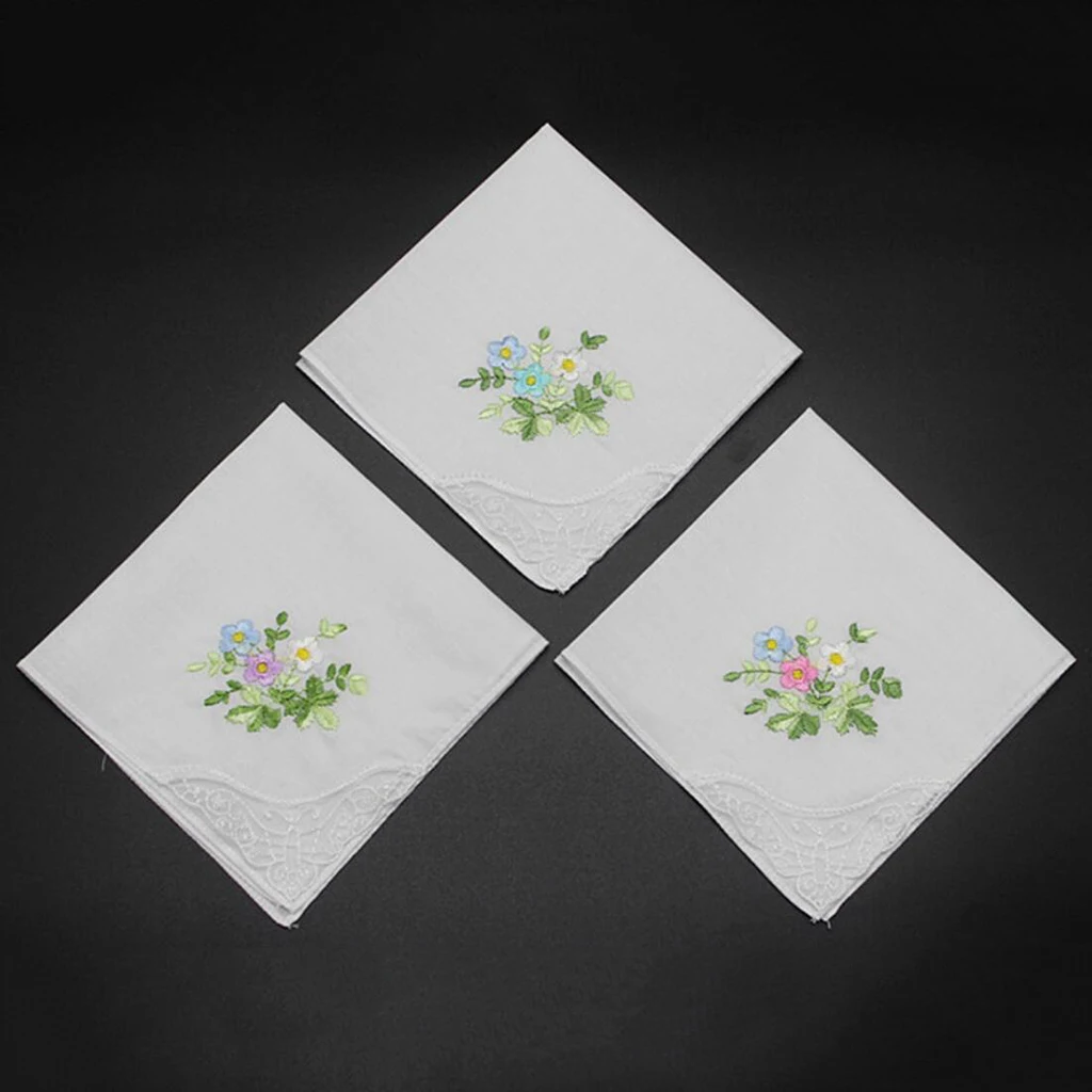 Womens Cotton Lace Handkerchief Floral Embroidered Hanky Elegant Square Hankies for Wedding Party Gift