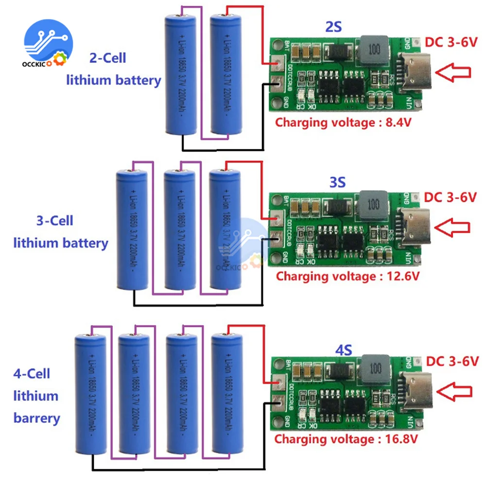 DIY 18650 21700 3.7V Lithium Battery Step-Up Boost LiPo Polymer Li-Ion Charger Multi-Cell 2S 3S 4S 5V Type-C To 8.4V 12.6V 16.8V