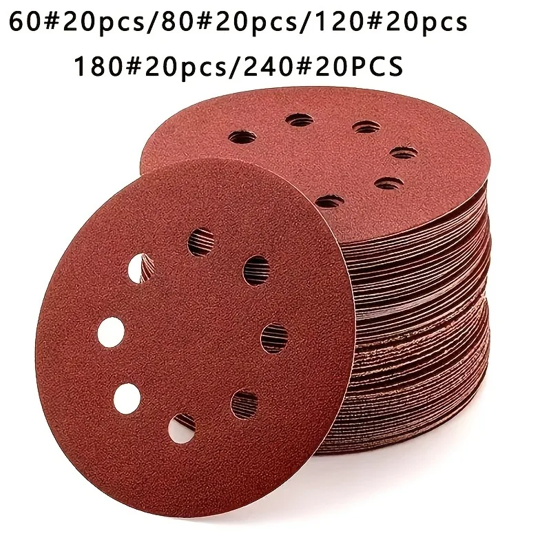5 Inch 8-Hole Sandpaper Discs 100 Pack, Mixed & Single Grit Available 60-240, Abrasive Pads for Random Orbital Sander