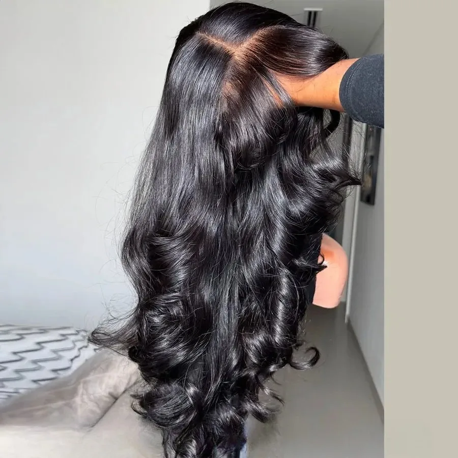 Black Body Wave Lace Front Wig With Bangs 13x4 HD Synthetic and blend lace wigs Pre Plucked Daily Cosplay Gluelesss For Women