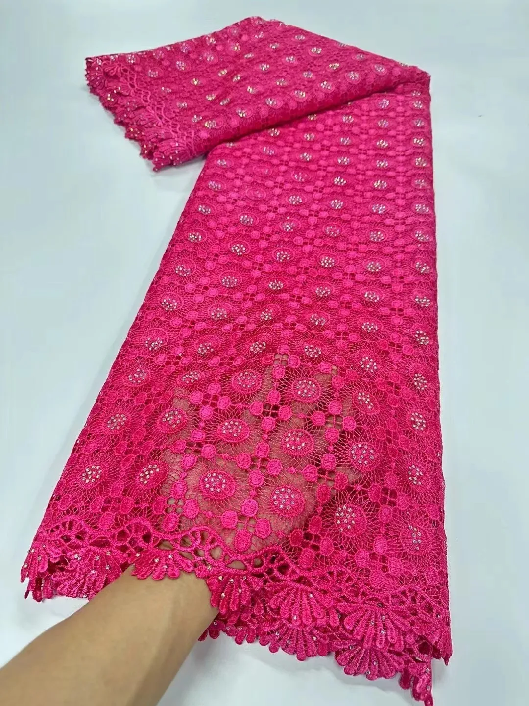 

5Yards 2024 High Quality African Lace Fabric 100%cotton Swiss Voile Lace With Beads Nigerian Tulle Sequined Popular Dubai Style