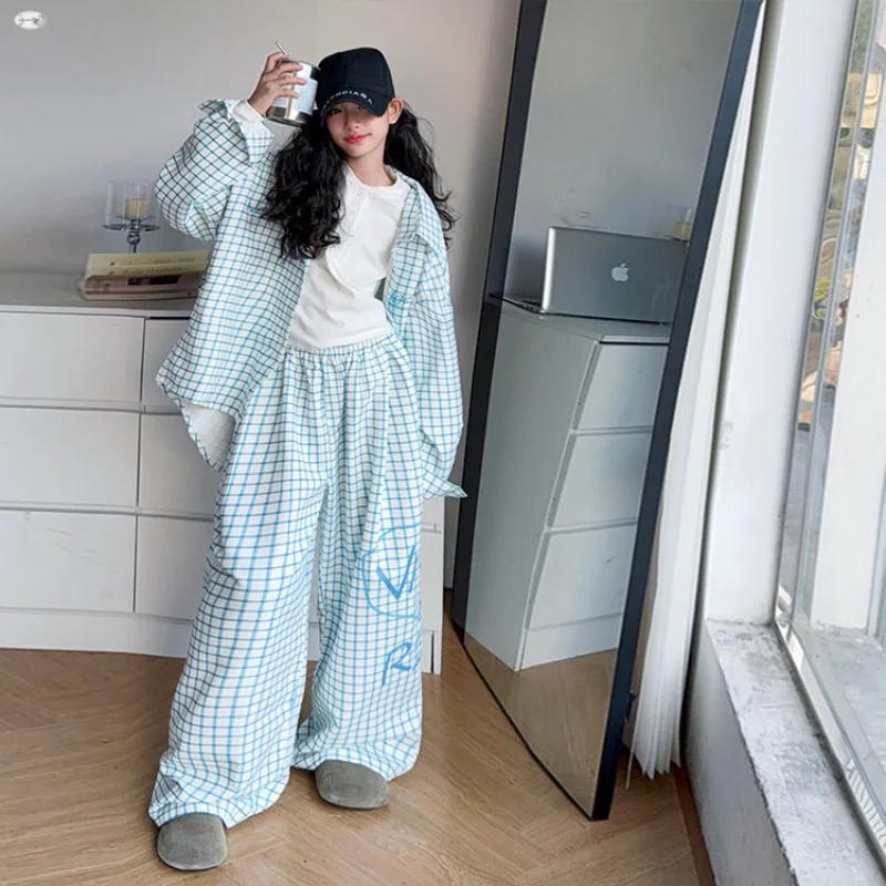 

Children Clothing Sets for Girls Spring Autumn Fashion Blouse + Wide Leg Pants Outfits Plaid Suit for Kids Clothes 5 -14 Years