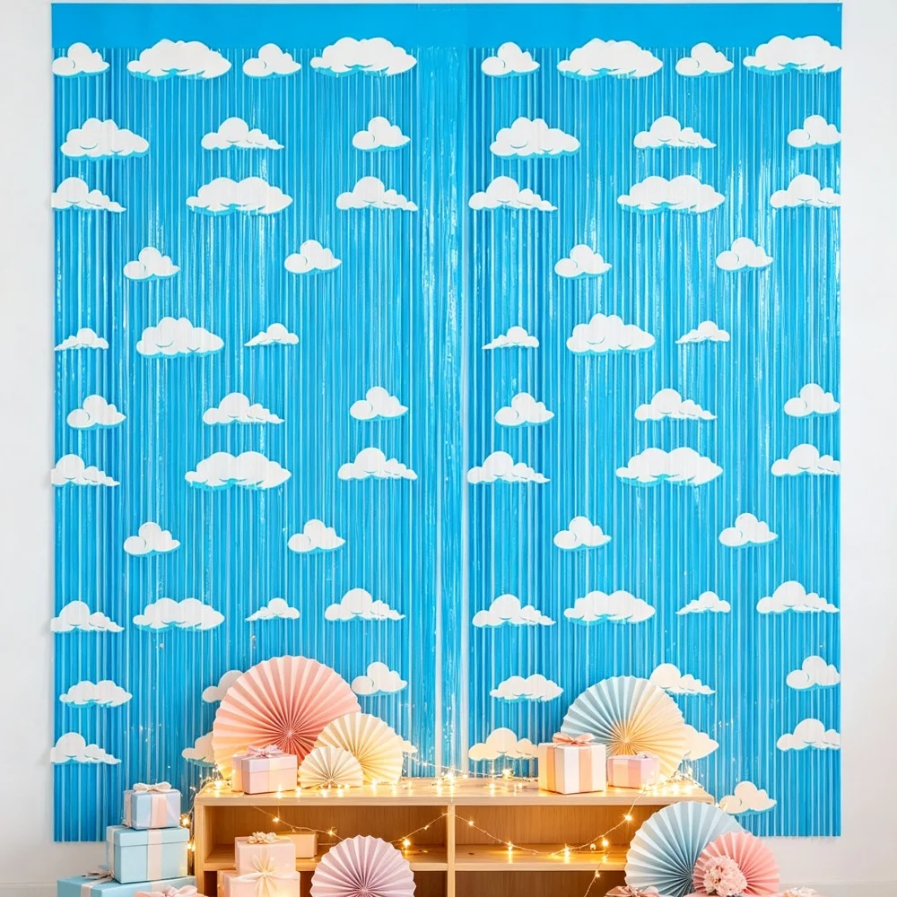 1/2/3/5/8 Stück Blauer Himmel Folien-Fransenvorhang, Weiße Wolken Hintergrunddekoration für Spielzeug-Geburtstag Cartoon-Story Party Dekorationen Zubehör – Detail 1