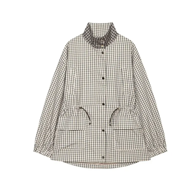Nlzgmsj 2026 Autumn Women Vintage Plaid Stand Collar Windbreaker Drawstring Waist Oversized Long Sleeve Casual Jacket Streetwear