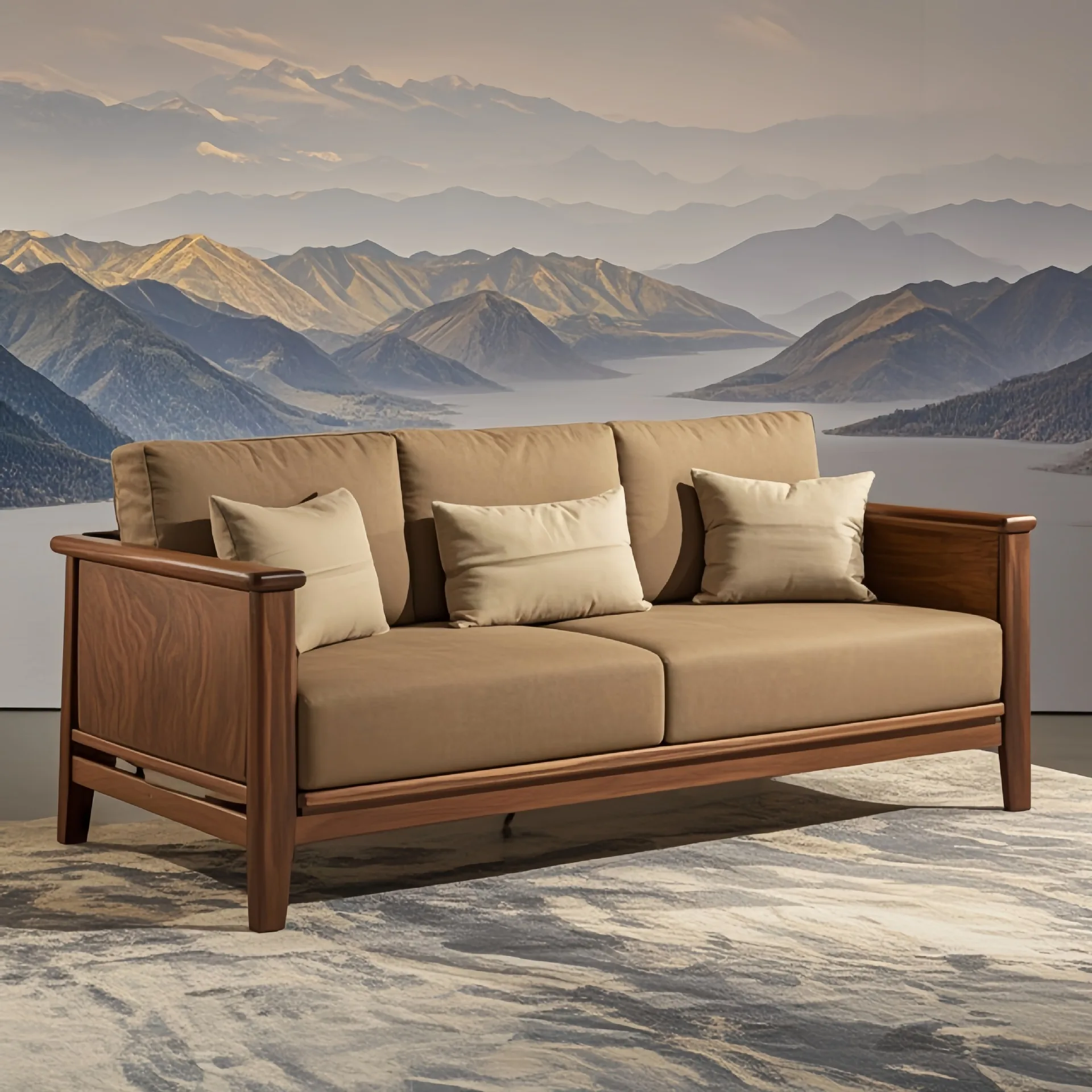Walnut new Chinese style new straight row sofa home reception modern simple villa living room solid wood sofa