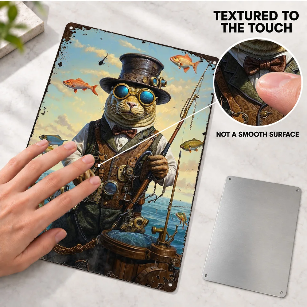 Steampunk Seal Fisherman Aluminum Poster Retro Bold Contemporary Illustration Studio Wall Art Personalized Metal Sign Fan Gift