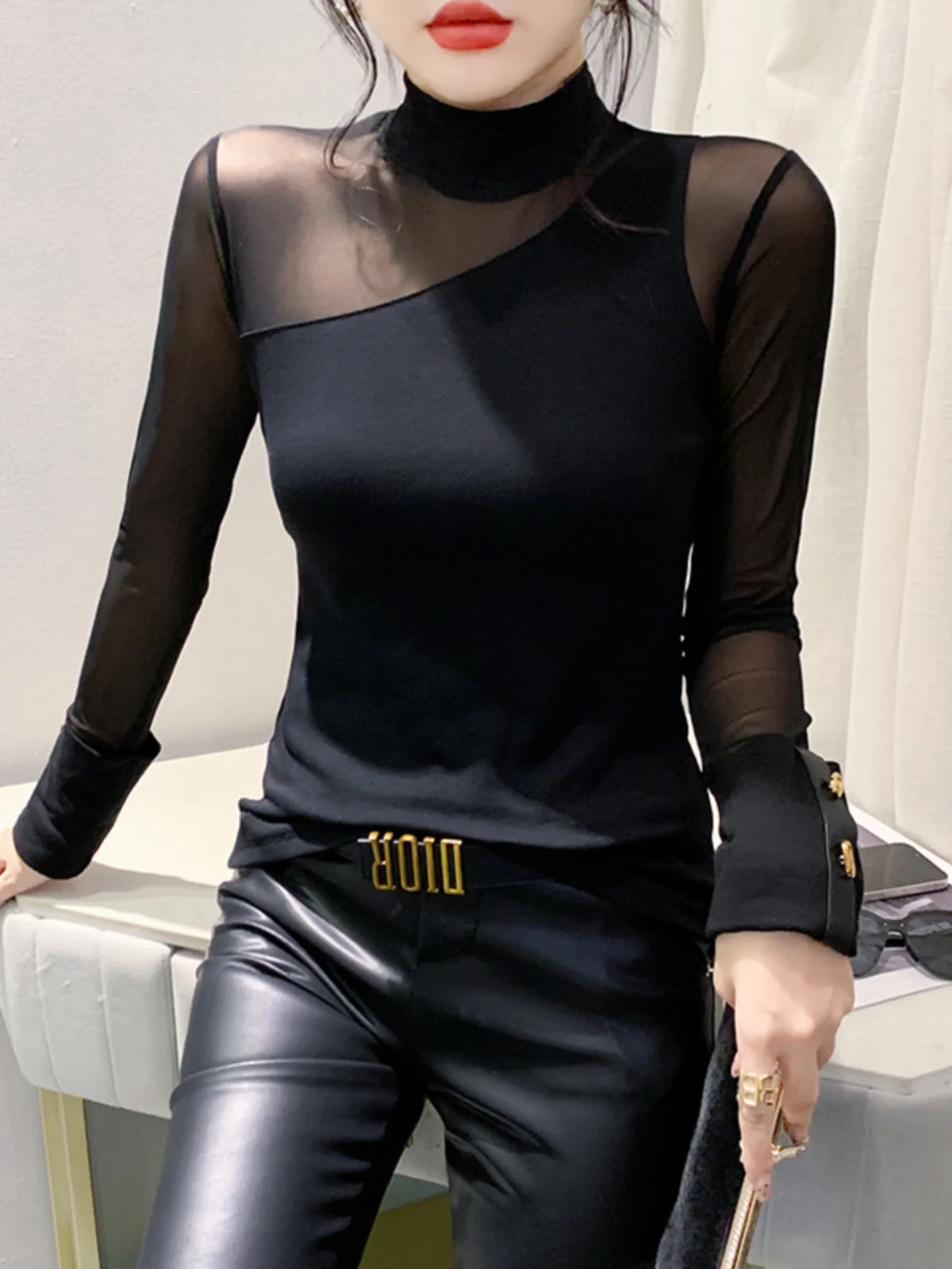 S-4XL Autumn Cotton Spliced Mesh T-shirt Women Half High Collar Long Sleeve Stretch Slim Black Tees Tops BH9859