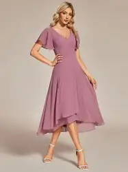 Elegant Evening Dresses V-Neck High Low Ruffles Hidden zipper Mid-calf 2024 Ever Pretty of Chiffon Orchid Bridesmaid Dresses